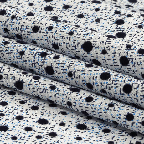 Black Flocked Polka Dots on Blue, Gray and White Abstract Stretch Cotton Shirting