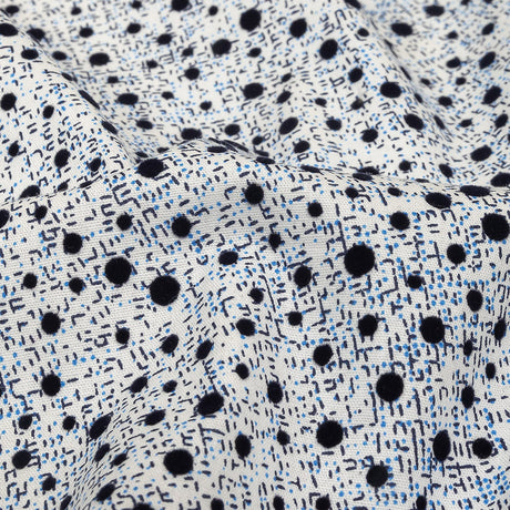 Black Flocked Polka Dots on Blue, Gray and White Abstract Stretch Cotton Shirting