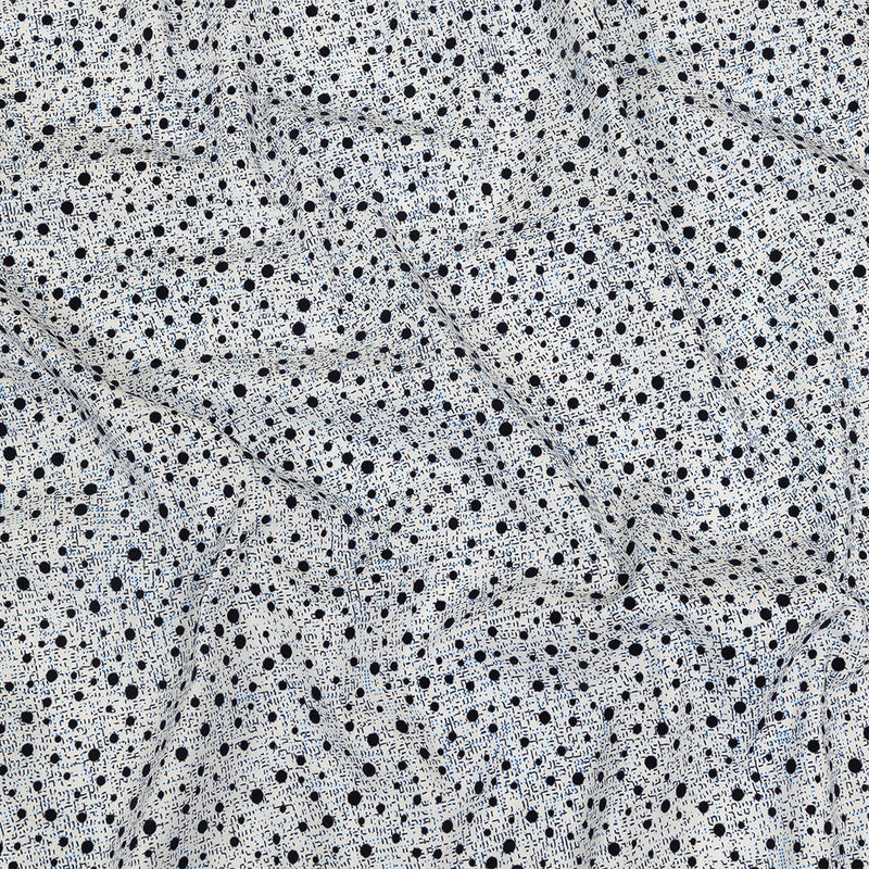 Black Flocked Polka Dots on Blue, Gray and White Abstract Stretch Cotton Shirting