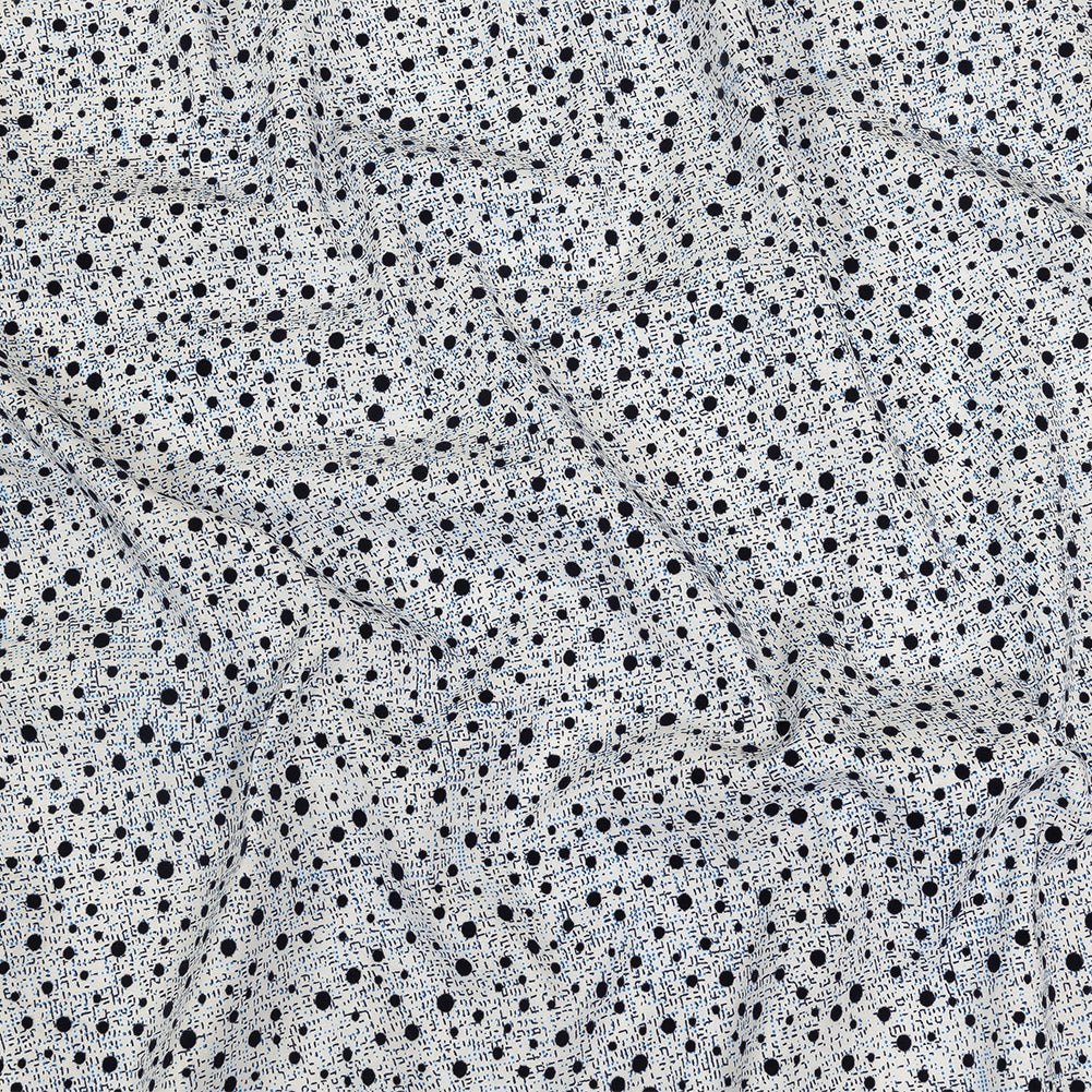 Black Flocked Polka Dots on Blue, Gray and White Abstract Stretch Cotton Shirting