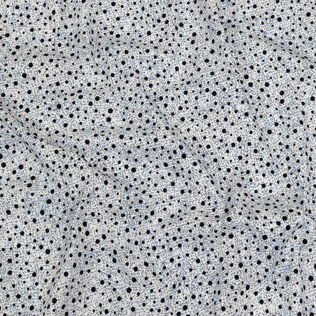 Black Flocked Polka Dots on Blue, Gray and White Abstract Stretch Cotton Shirting
