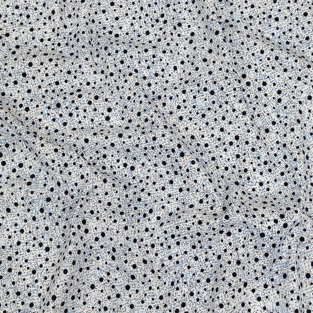 Black Flocked Polka Dots on Blue, Gray and White Abstract Stretch Cotton Shirting