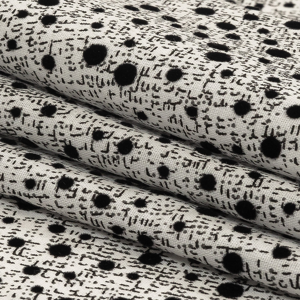 Black Flocked Polka Dots on Gray and White Abstract Stretch Cotton Shirting