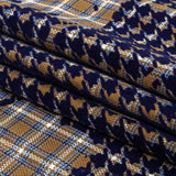 Navy, Tan and White Negative Space Florals in Flocked Houndstooth on Plaid Rustic Cotton and Polyester Woven