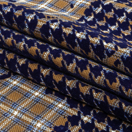 Navy, Tan and White Negative Space Florals in Flocked Houndstooth on Plaid Rustic Cotton and Polyester Woven