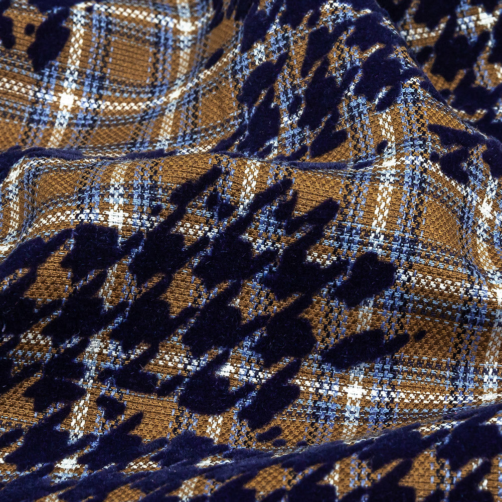 Navy, Tan and White Negative Space Florals in Flocked Houndstooth on Plaid Rustic Cotton and Polyester Woven