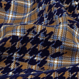 Navy, Tan and White Negative Space Florals in Flocked Houndstooth on Plaid Rustic Cotton and Polyester Woven