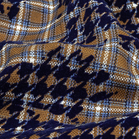 Navy, Tan and White Negative Space Florals in Flocked Houndstooth on Plaid Rustic Cotton and Polyester Woven