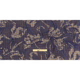 Navy, Tan and White Negative Space Florals in Flocked Houndstooth on Plaid Rustic Cotton and Polyester Woven