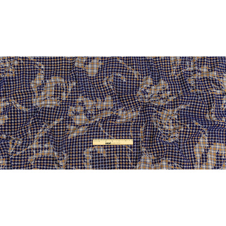 Navy, Tan and White Negative Space Florals in Flocked Houndstooth on Plaid Rustic Cotton and Polyester Woven
