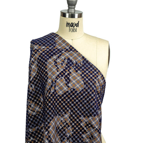 Navy, Tan and White Negative Space Florals in Flocked Houndstooth on Plaid Rustic Cotton and Polyester Woven