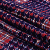 Navy, Red and White Negative Space Florals in Flocked Houndstooth on Plaid Rustic Cotton and Polyester Woven