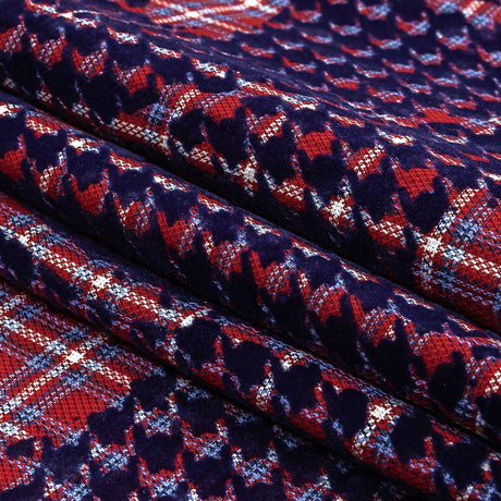 Navy, Red and White Negative Space Florals in Flocked Houndstooth on Plaid Rustic Cotton and Polyester Woven
