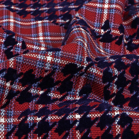 Navy, Red and White Negative Space Florals in Flocked Houndstooth on Plaid Rustic Cotton and Polyester Woven