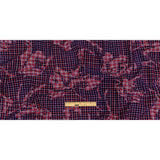 Navy, Red and White Negative Space Florals in Flocked Houndstooth on Plaid Rustic Cotton and Polyester Woven