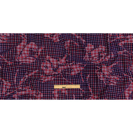Navy, Red and White Negative Space Florals in Flocked Houndstooth on Plaid Rustic Cotton and Polyester Woven