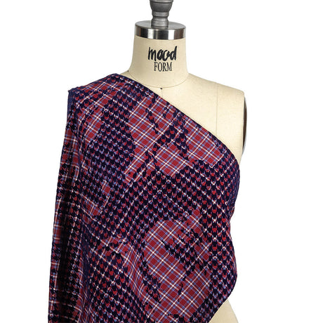 Navy, Red and White Negative Space Florals in Flocked Houndstooth on Plaid Rustic Cotton and Polyester Woven