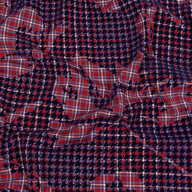 Navy, Red and White Negative Space Florals in Flocked Houndstooth on Plaid Rustic Cotton and Polyester Woven