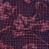 Navy, Red and White Negative Space Florals in Flocked Houndstooth on Plaid Rustic Cotton and Polyester Woven