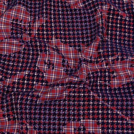 Navy, Red and White Negative Space Florals in Flocked Houndstooth on Plaid Rustic Cotton and Polyester Woven