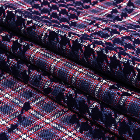 Navy, Red and Estate Blue Negative Space Florals in Flocked Houndstooth on Plaid Rustic Cotton and Polyester Woven