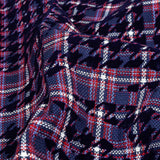 Navy, Red and Estate Blue Negative Space Florals in Flocked Houndstooth on Plaid Rustic Cotton and Polyester Woven