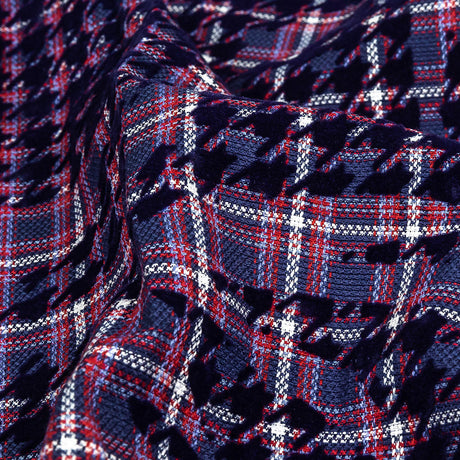 Navy, Red and Estate Blue Negative Space Florals in Flocked Houndstooth on Plaid Rustic Cotton and Polyester Woven