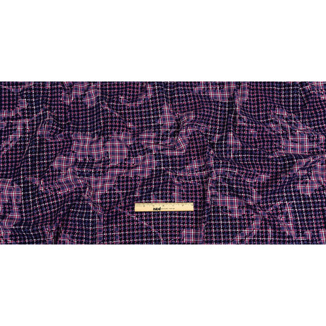 Navy, Red and Estate Blue Negative Space Florals in Flocked Houndstooth on Plaid Rustic Cotton and Polyester Woven