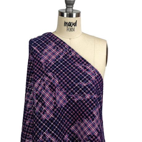 Navy, Red and Estate Blue Negative Space Florals in Flocked Houndstooth on Plaid Rustic Cotton and Polyester Woven