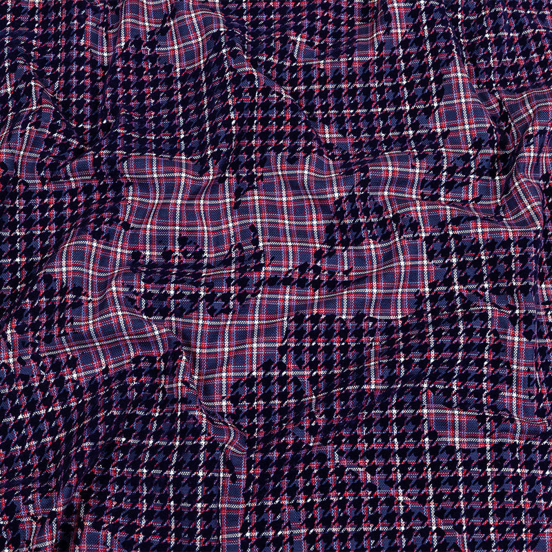 Navy, Red and Estate Blue Negative Space Florals in Flocked Houndstooth on Plaid Rustic Cotton and Polyester Woven