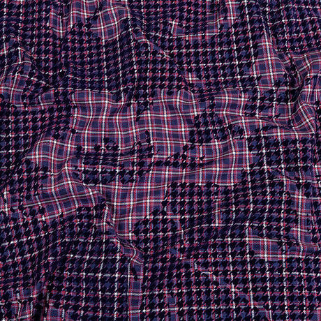 Navy, Red and Estate Blue Negative Space Florals in Flocked Houndstooth on Plaid Rustic Cotton and Polyester Woven