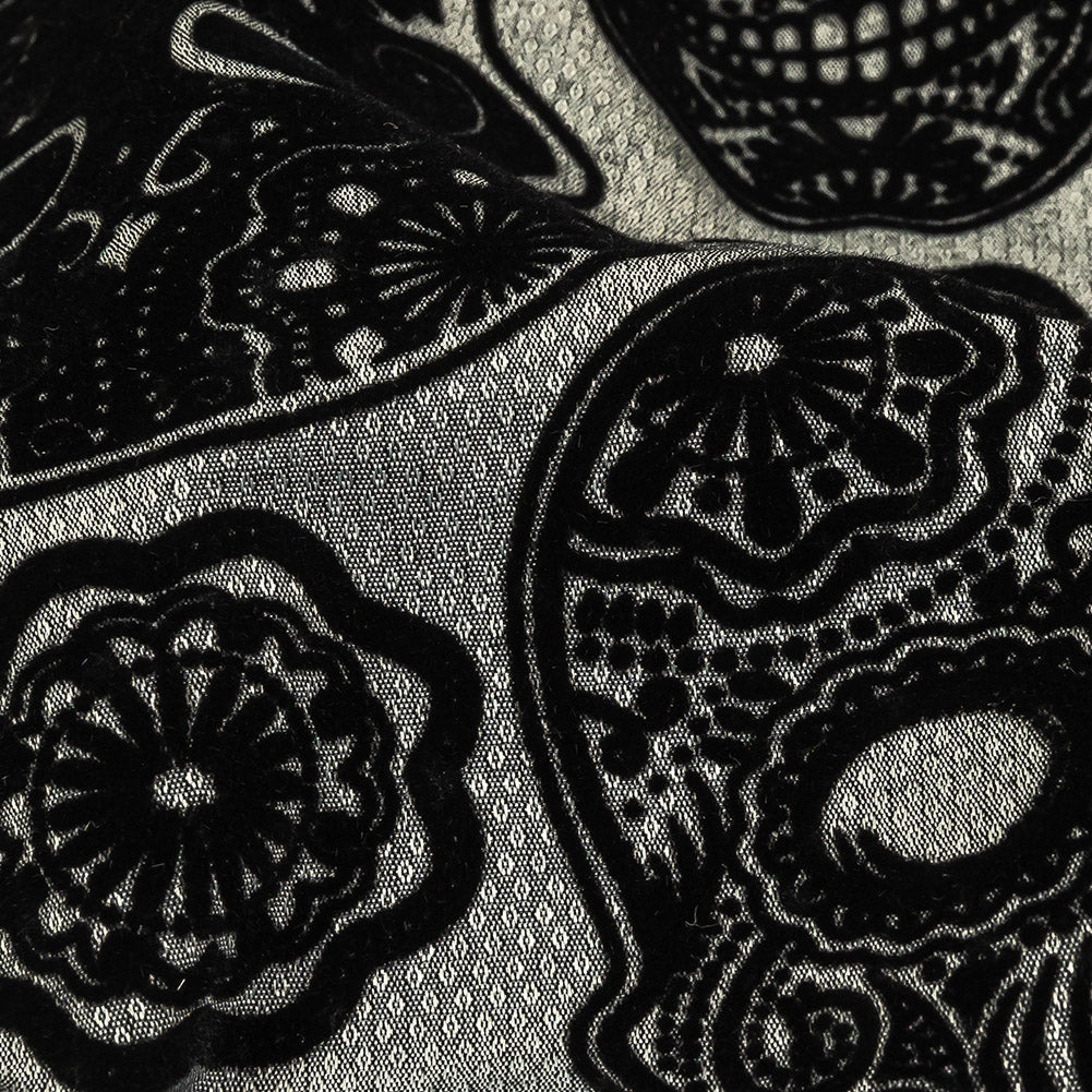 Black Flocked Decorated Skulls on Silver Sconce Diamonds Cotton and Polyester Dobby