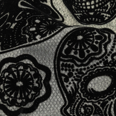Black Flocked Decorated Skulls on Silver Sconce Diamonds Cotton and Polyester Dobby