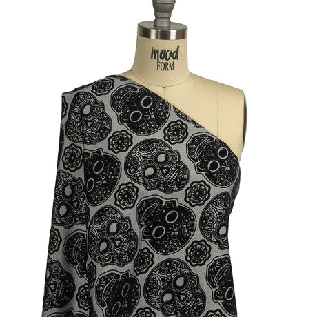 Black Flocked Decorated Skulls on Silver Sconce Diamonds Cotton and Polyester Dobby