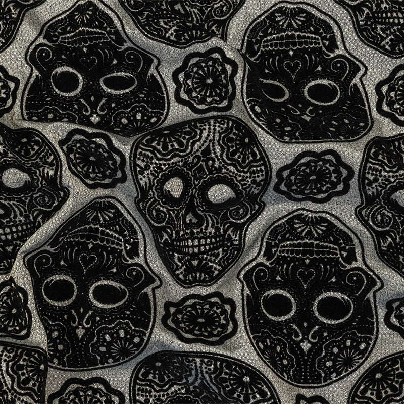 Black Flocked Decorated Skulls on Silver Sconce Diamonds Cotton and Polyester Dobby