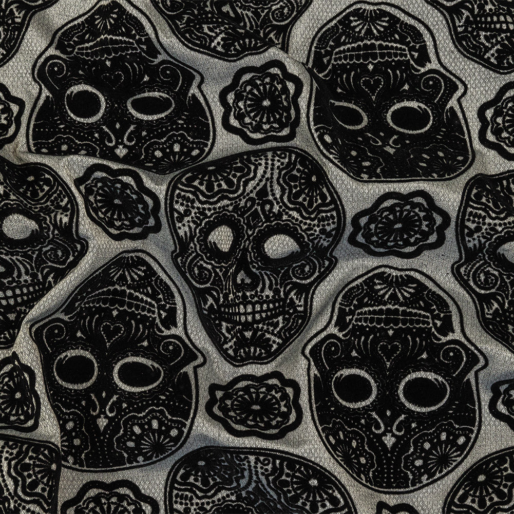 Black Flocked Decorated Skulls on Silver Sconce Diamonds Cotton and Polyester Dobby