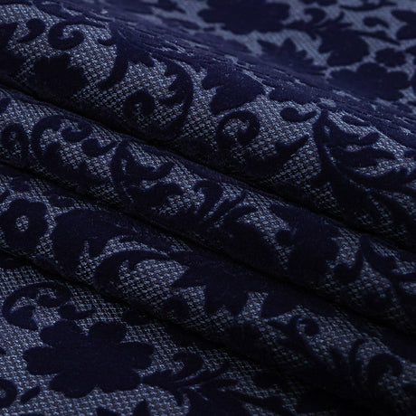 Navy Flocked Classical Florals on Diamond Cotton and Polyester Dobby