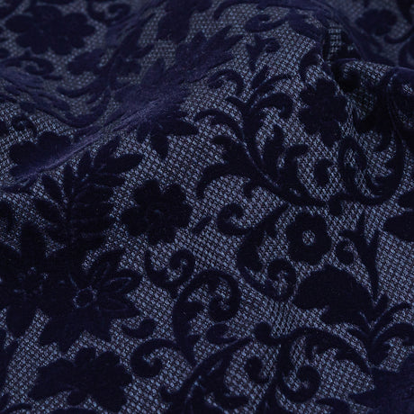 Navy Flocked Classical Florals on Diamond Cotton and Polyester Dobby