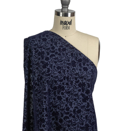 Navy Flocked Classical Florals on Diamond Cotton and Polyester Dobby