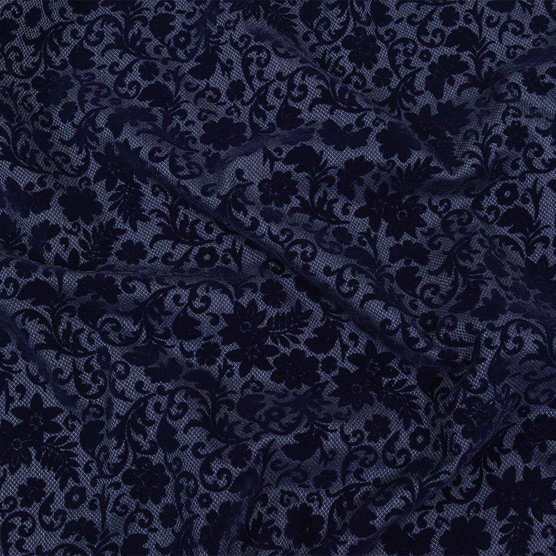Navy Flocked Classical Florals on Diamond Cotton and Polyester Dobby