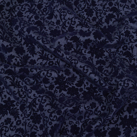 Navy Flocked Classical Florals on Diamond Cotton and Polyester Dobby