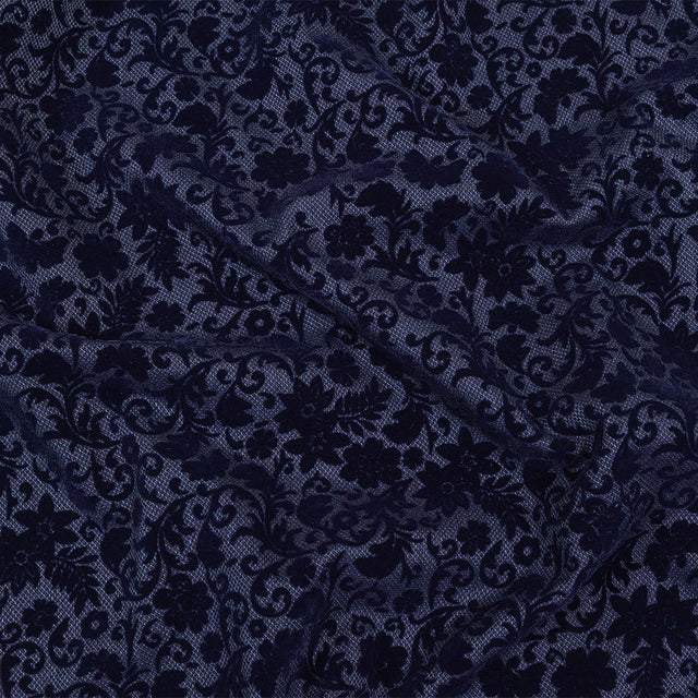 Navy Flocked Classical Florals on Diamond Cotton and Polyester Dobby