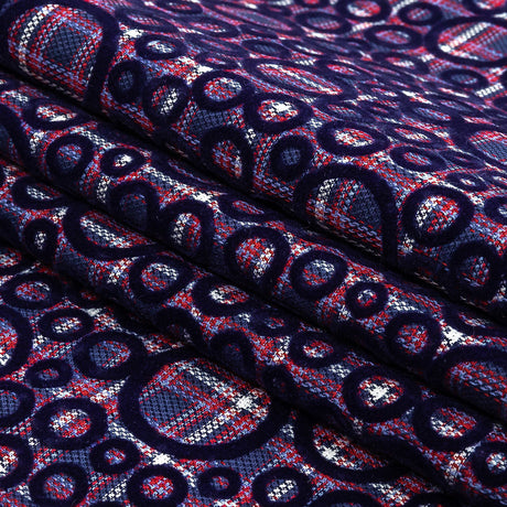 Estate Blue, Red and Navy Flocked Circles on Plaid Rustic Cotton and Polyester Woven