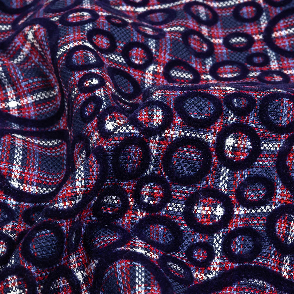 Estate Blue, Red and Navy Flocked Circles on Plaid Rustic Cotton and Polyester Woven