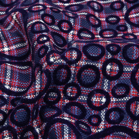 Estate Blue, Red and Navy Flocked Circles on Plaid Rustic Cotton and Polyester Woven