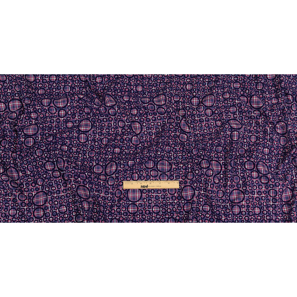 Estate Blue, Red and Navy Flocked Circles on Plaid Rustic Cotton and Polyester Woven