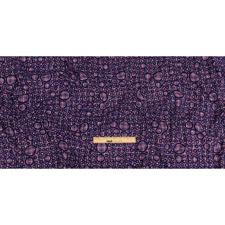 Estate Blue, Red and Navy Flocked Circles on Plaid Rustic Cotton and Polyester Woven