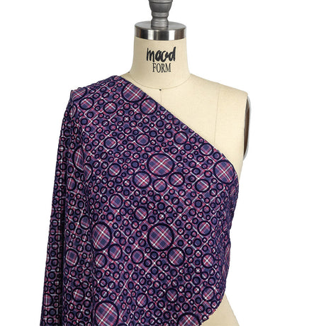 Estate Blue, Red and Navy Flocked Circles on Plaid Rustic Cotton and Polyester Woven