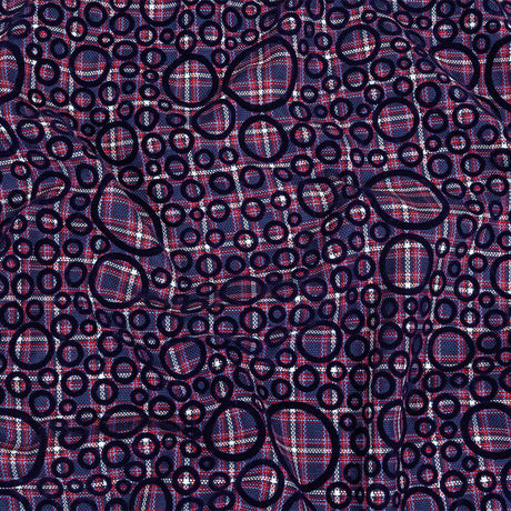 Estate Blue, Red and Navy Flocked Circles on Plaid Rustic Cotton and Polyester Woven