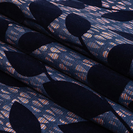 Navy Flocked Leafy Vines on Lilac, Orange and Blue Striped Teardrops Cotton and Polyester Jacquard